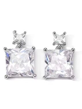 NEW Silver-Tone Clear Square CZ Drop Earrings